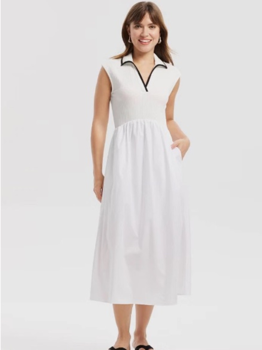 Sleeveless White Midi Dress with Contrast Trim